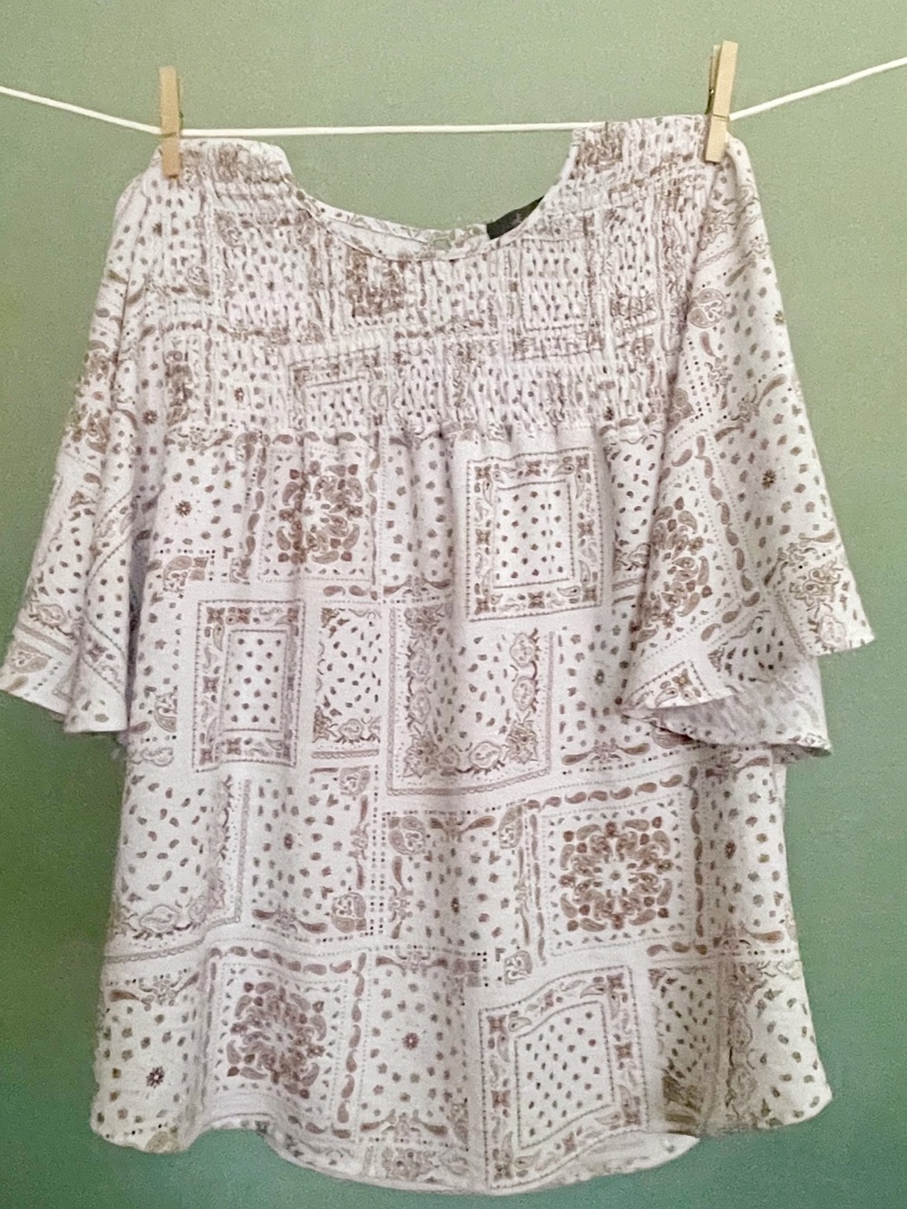 Boho Smocked Yoke Tunic Top in Cream with Brown Tile Print